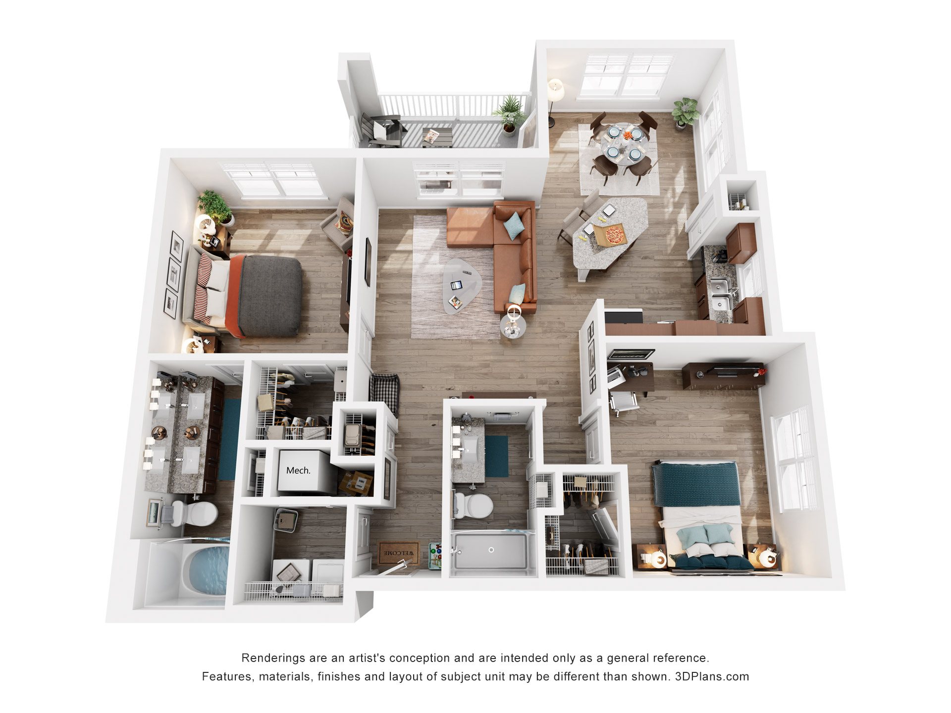 Floor plan for 2 beds, 2 baths, 1252 sqft